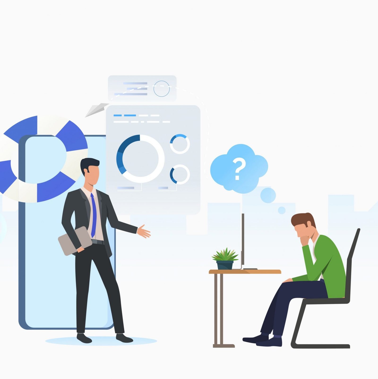 Business consultant and thoughtful man working on laptop Business consultant and thoughtful man working on laptop. Planning, marketing, information concept. Vector illustration can be used for topics like business, analysis, consulting